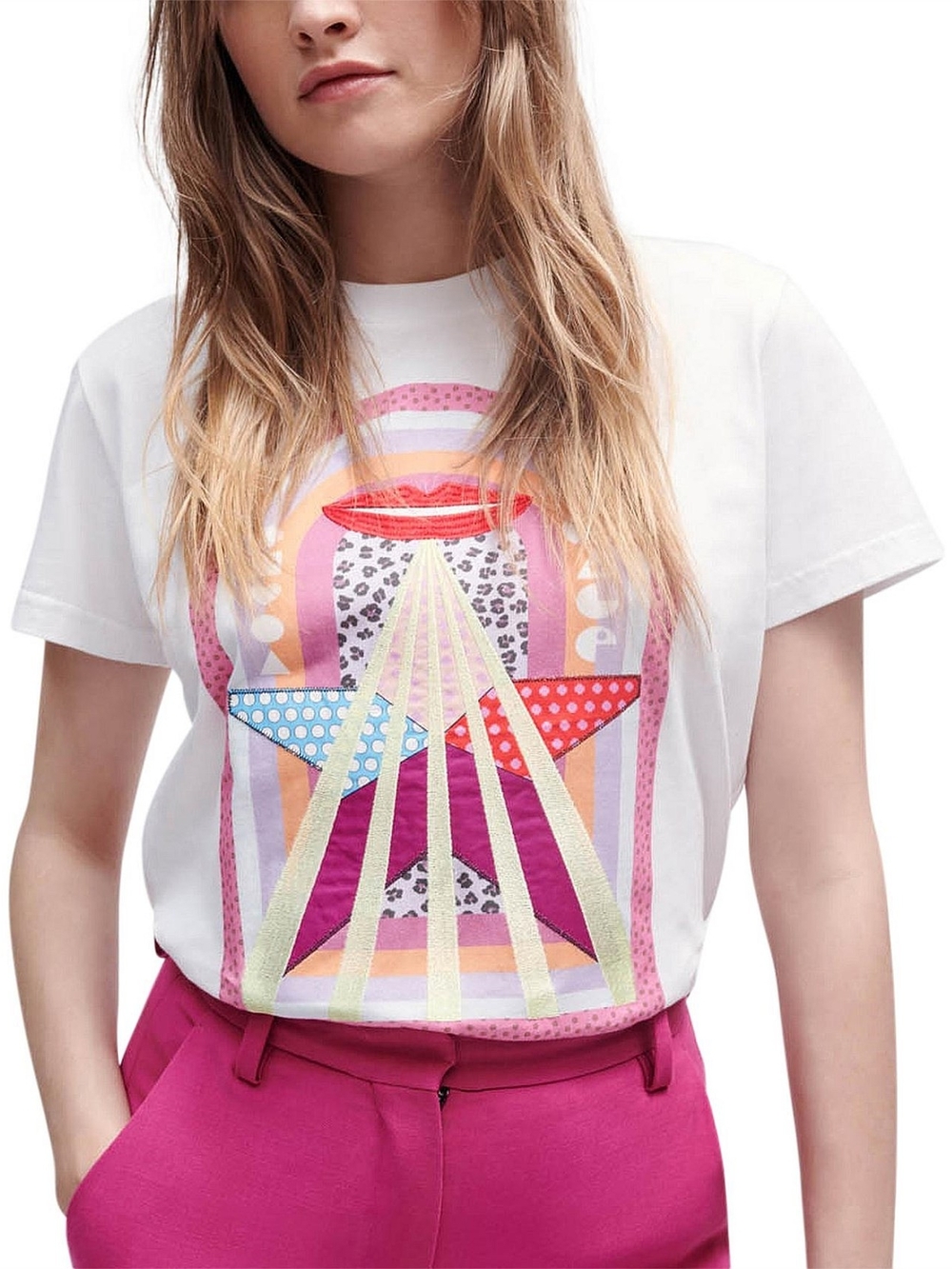 Maje White Short Sleeve Tee with Multicolor Star Graphic